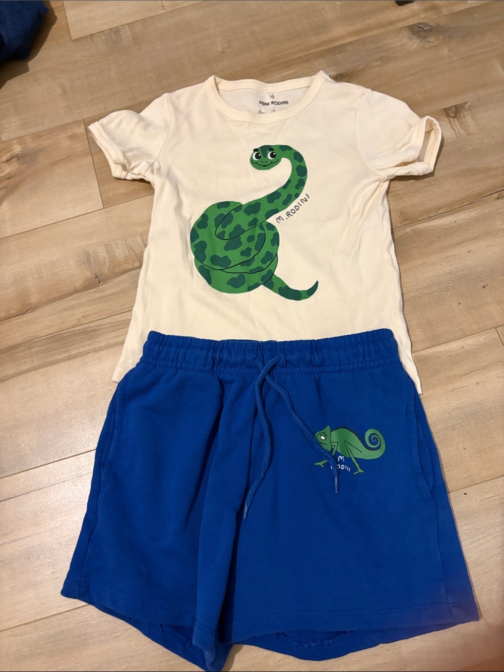 Mini Rodini Cream Tee with Green Snake & Blue Shorts
